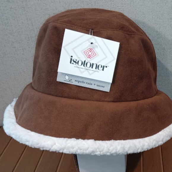 NWT Isotoner Microsuede Sherpa-Brim Bucket Hat Brown Winter Repels Rain & Snow - Picture 1 of 7